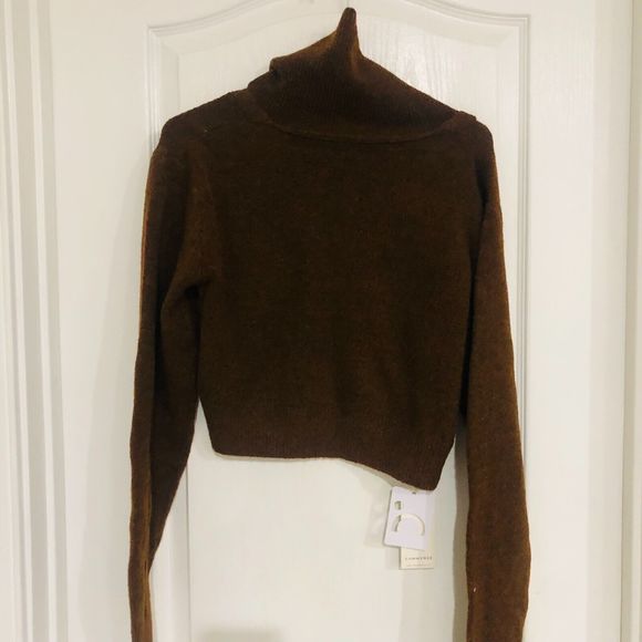 Commense Women's Cropped Cardigan Collared Sweater Long Sleeve Brown Size XL - Picture 9 of 9